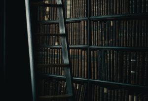 library books behind a ladder