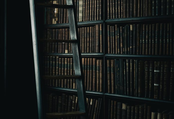 library books behind a ladder