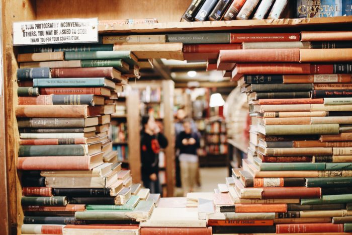 stacks of books shaped into a circle at the last bookstore in LA