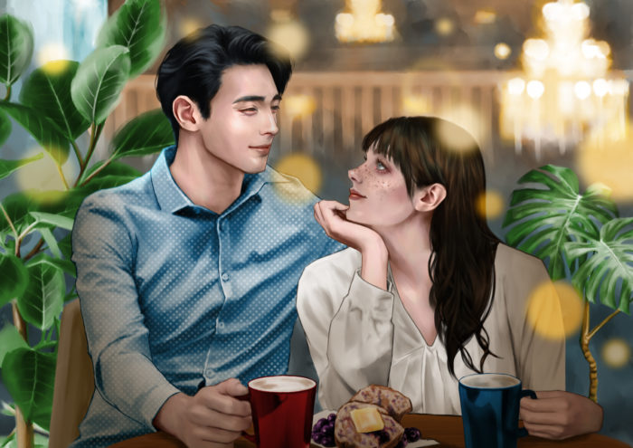 commissioned art of isla and ewan, with ewan on the left wearing a blue shirt and isla on the right wearing a white shirt, looking up at him