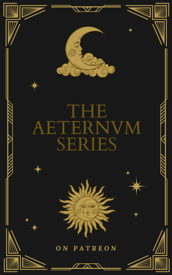 cover for the aeternvm series with a gold sun and moon with a gold art deco border